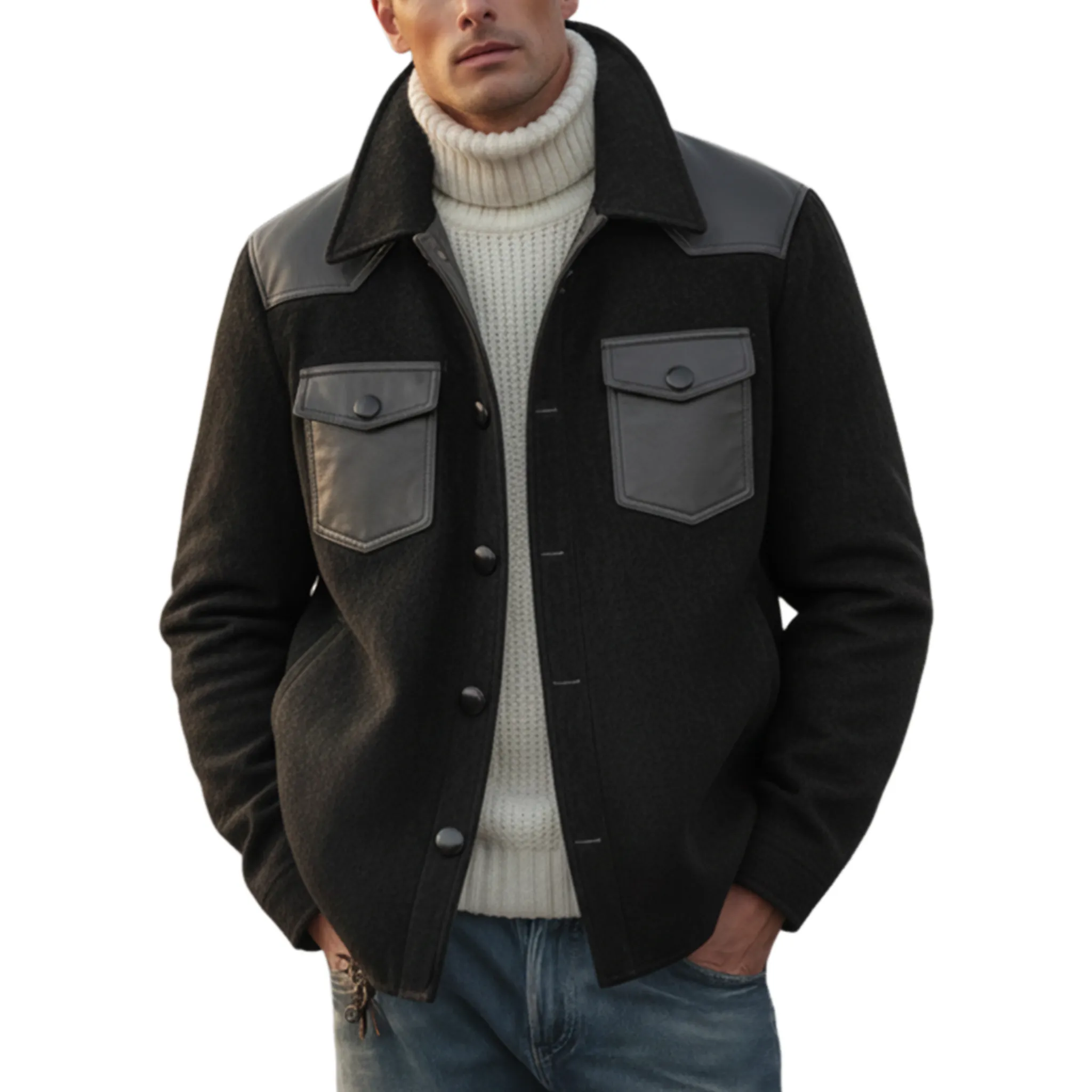 Men's Classic Retro Western PU Leather Splicing Faux Suede Lapel Jacket MTA2313J2K sold by Manly