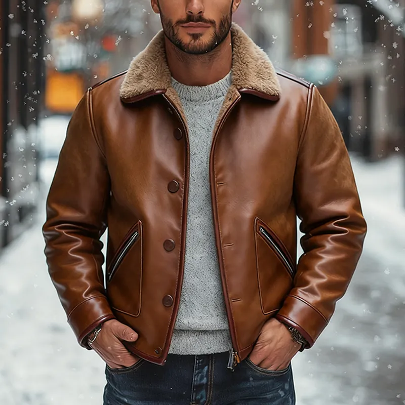 Men's Retro PU Solid Color Zipper Splicing Lapel Polar Fleece Jacket MTA2271J3X sold by Manly product image thumbnail 2