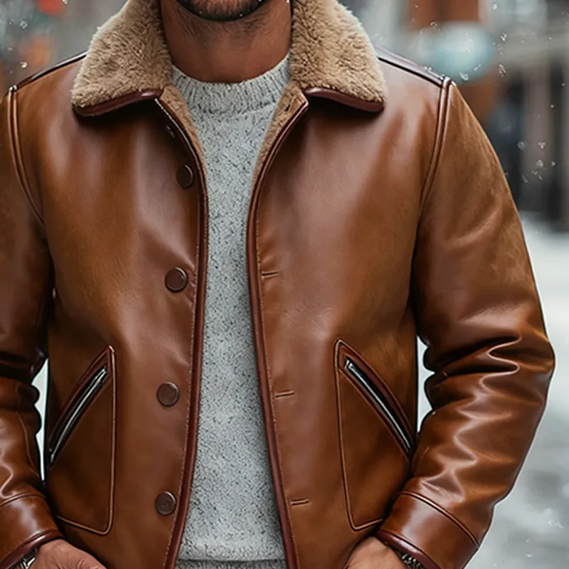 Men's Retro PU Solid Color Zipper Splicing Lapel Polar Fleece Jacket MTA2271J3X sold by Manly product image thumbnail 3