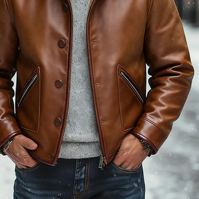 Men's Retro PU Solid Color Zipper Splicing Lapel Polar Fleece Jacket MTA2271J3X sold by Manly product image thumbnail 4