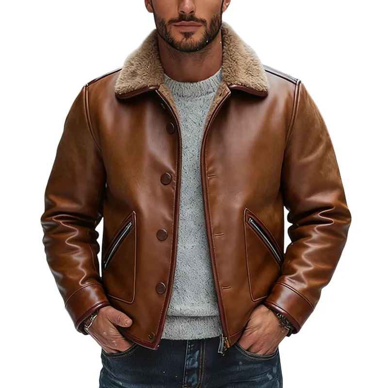 Men's Retro PU Solid Color Zipper Splicing Lapel Polar Fleece Jacket MTA2271J3X sold by Manly