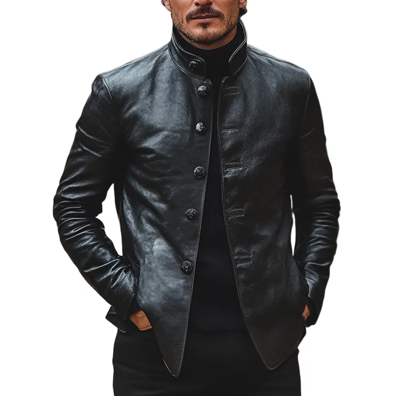 Men's Slim-fit Stand-up Collar Solid Color PU Button Jacket MTA2381J3X sold by Manly