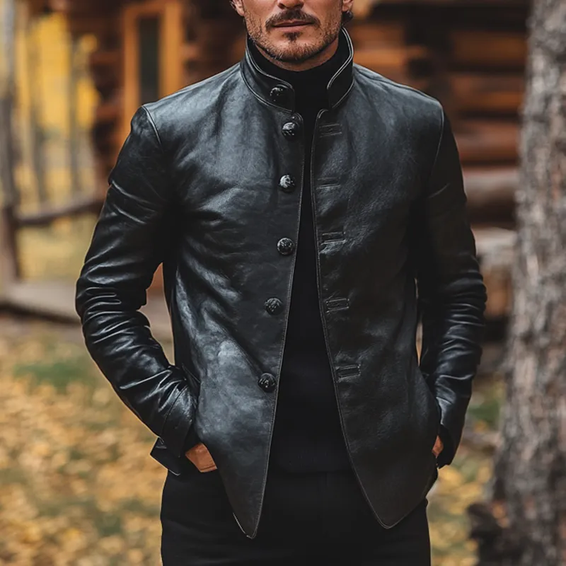 Men's Slim-fit Stand-up Collar Solid Color PU Button Jacket MTA2381J3X sold by Manly product image thumbnail 4