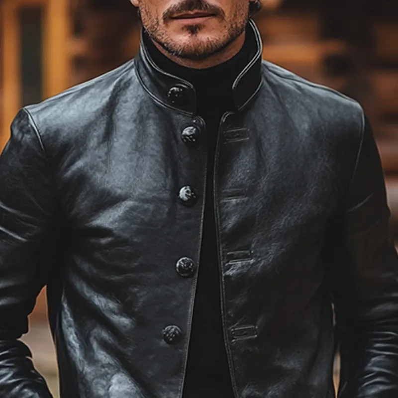 Men's Slim-fit Stand-up Collar Solid Color PU Button Jacket MTA2381J3X sold by Manly product image thumbnail 2
