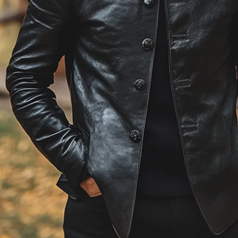 Men's Slim-fit Stand-up Collar Solid Color PU Button Jacket MTA2381J3X sold by Manly product image thumbnail 3