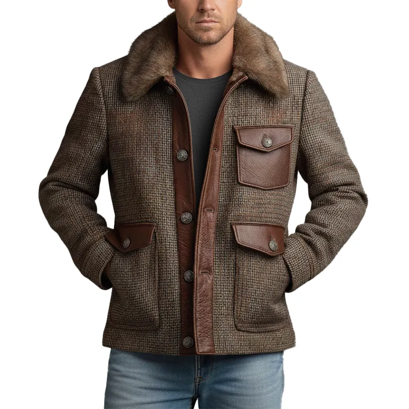 Men's Winter Retro PU Patch Faux Wool Warm Jacket MTA2328J9P sold by Manly