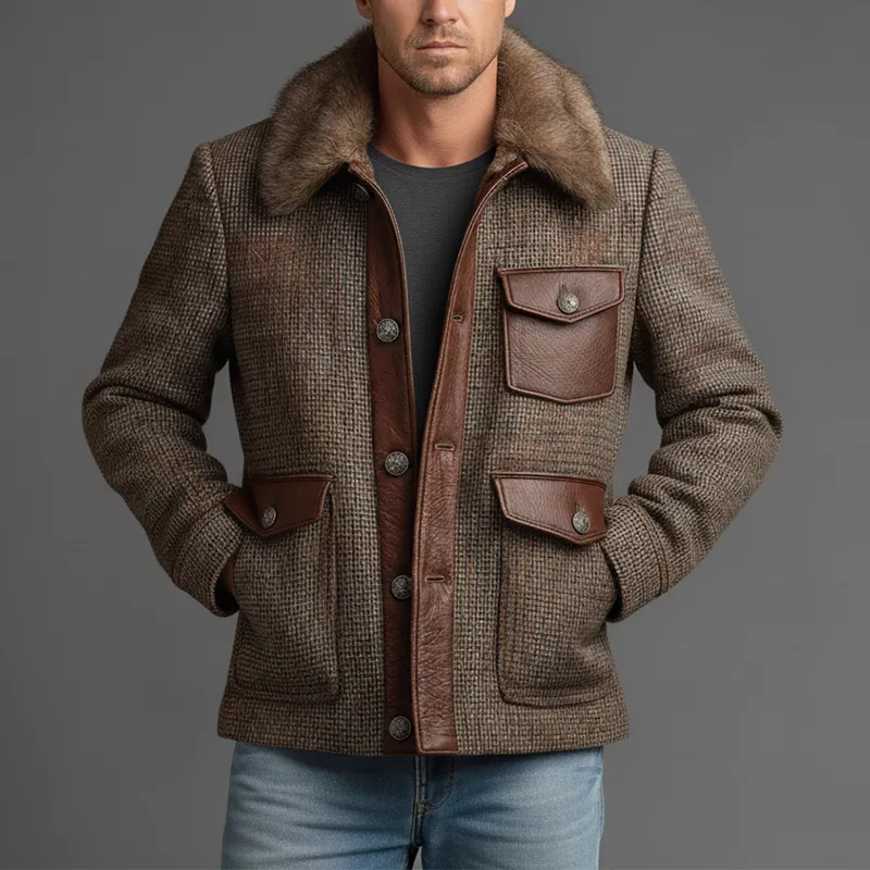 Men's Winter Retro PU Patch Faux Wool Warm Jacket MTA2328J9P sold by Manly product image thumbnail 2