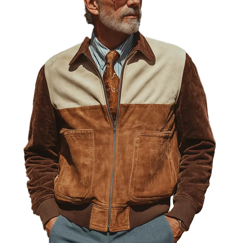 Men's Winter Vintage Faux Suede Contrast Color Stitching Lapel Jacket MTA2338J7P sold by Manly