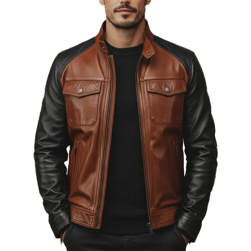 Men's Winter Retro Contrast Color Stitching PU Faux Leather Jacket MTA2342J8P sold by Manly