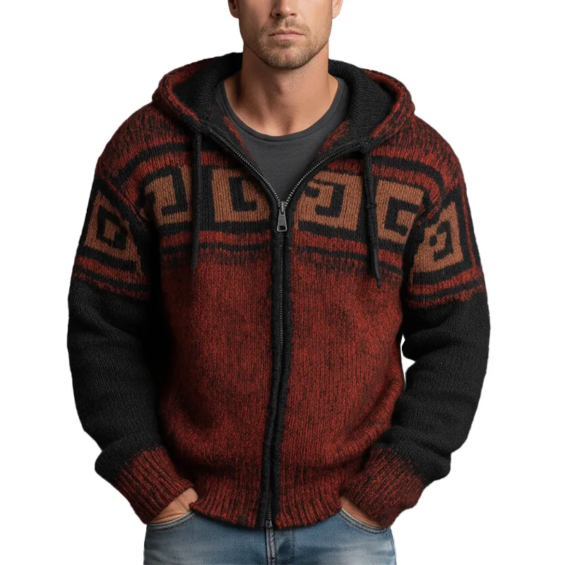Men's Winter Retro Contrast Color Knitted Jacquard Cotton Yarn Hooded Cardigan MTA2346J1P sold by Manly