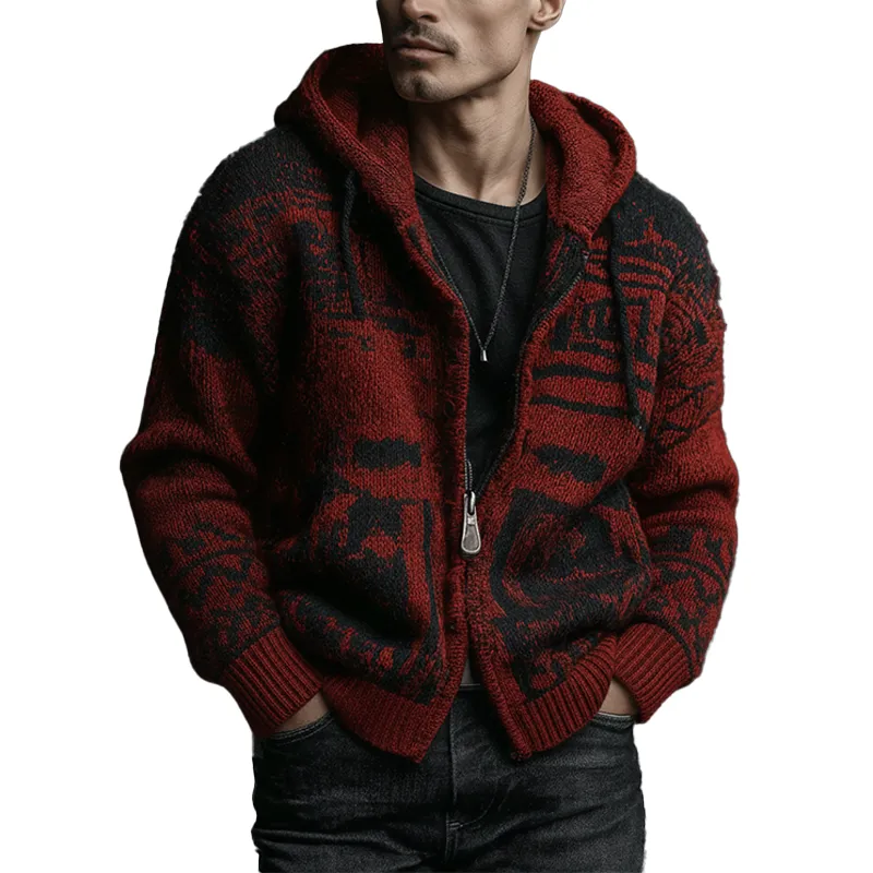 Men's Winter Retro Contrast Color Knitted Jacquard Cotton Yarn Hooded Cardigan MTA2351J3P sold by Manly