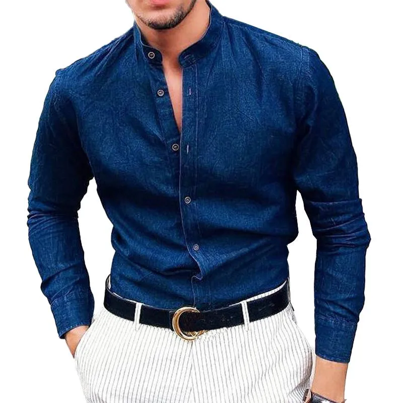 Men's Solid Color Stand Collar Button-Down Long Sleeve Shirt 71057039X sold by Manly