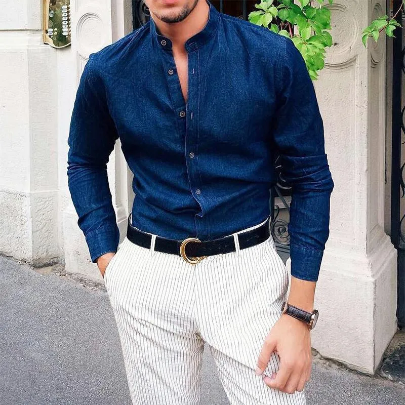 Men's Solid Color Stand Collar Button-Down Long Sleeve Shirt 71057039X sold by Manly product image thumbnail 2