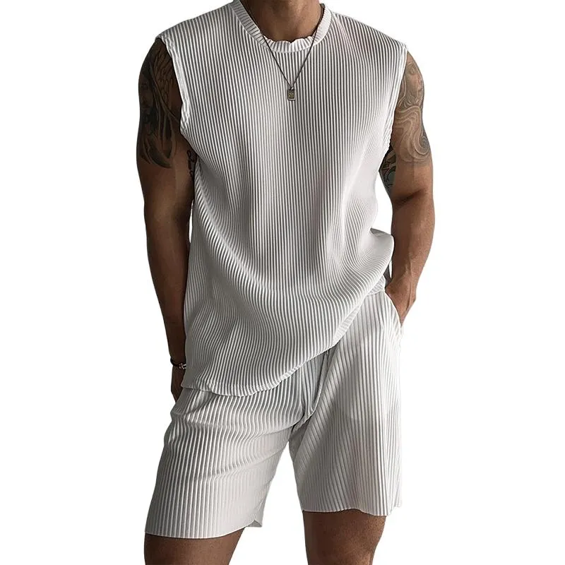 Men's Solid Color Stretch Striped Round Neck Sleeveless Tank Top Shorts Casual Set 39890208Z sold by Manly