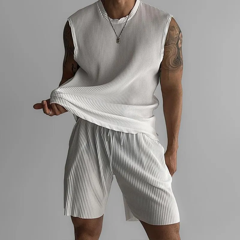 Men's Solid Color Stretch Striped Round Neck Sleeveless Tank Top Shorts Casual Set 39890208Z sold by Manly product image thumbnail 3