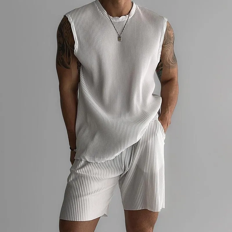 Men's Solid Color Stretch Striped Round Neck Sleeveless Tank Top Shorts Casual Set 39890208Z sold by Manly product image thumbnail 2