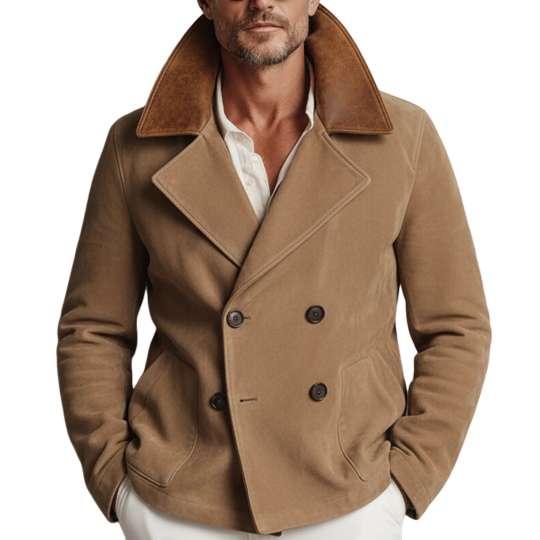 Men's Classic Retro Western Tough Style PU Leather Lapel Double-breasted Faux Suede Jacket MTA2235J5K sold by Manly