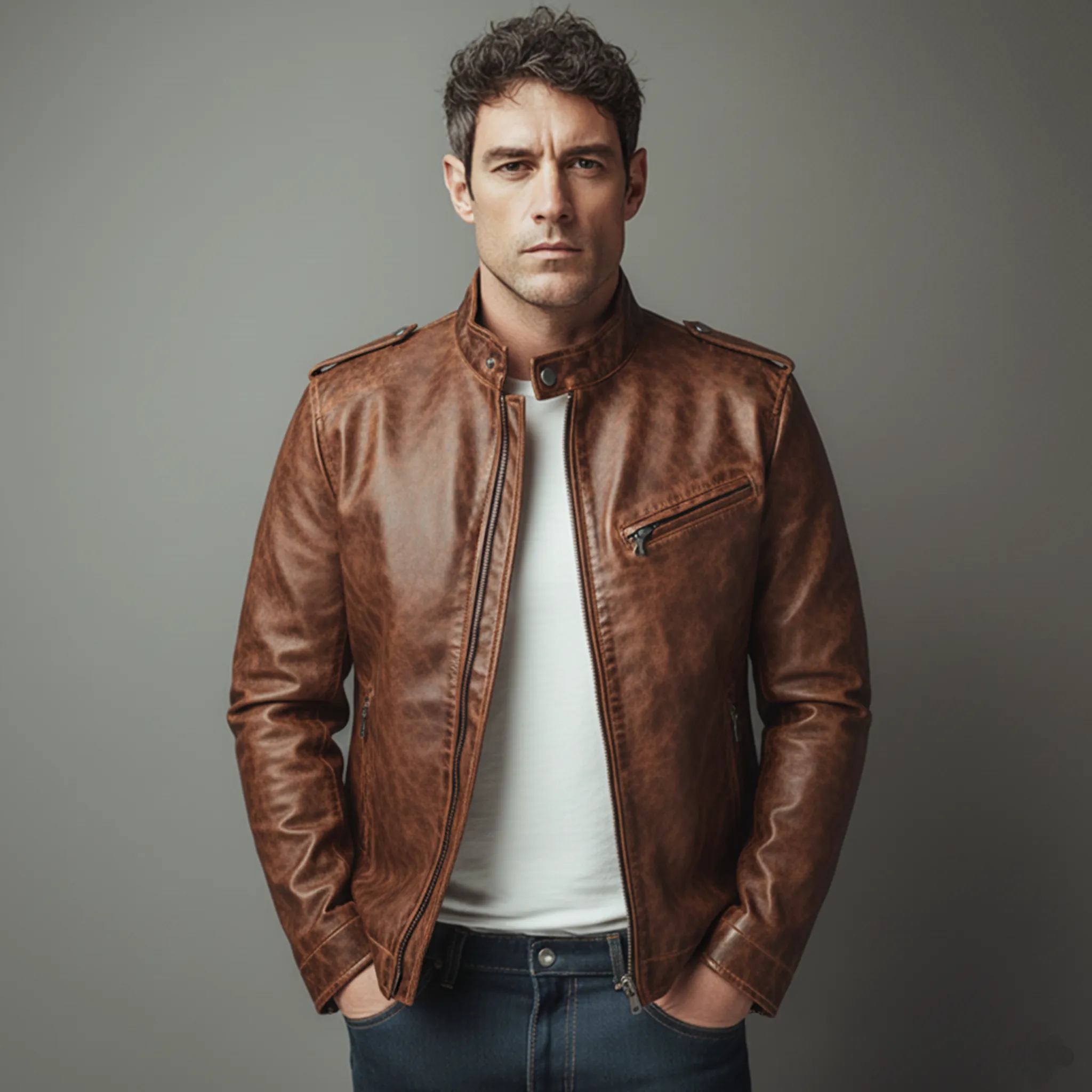 Men's Classic Vintage Distressed PU Leather Stand Collar Zipper Jacket MTA2289J0K sold by Manly product image thumbnail 2