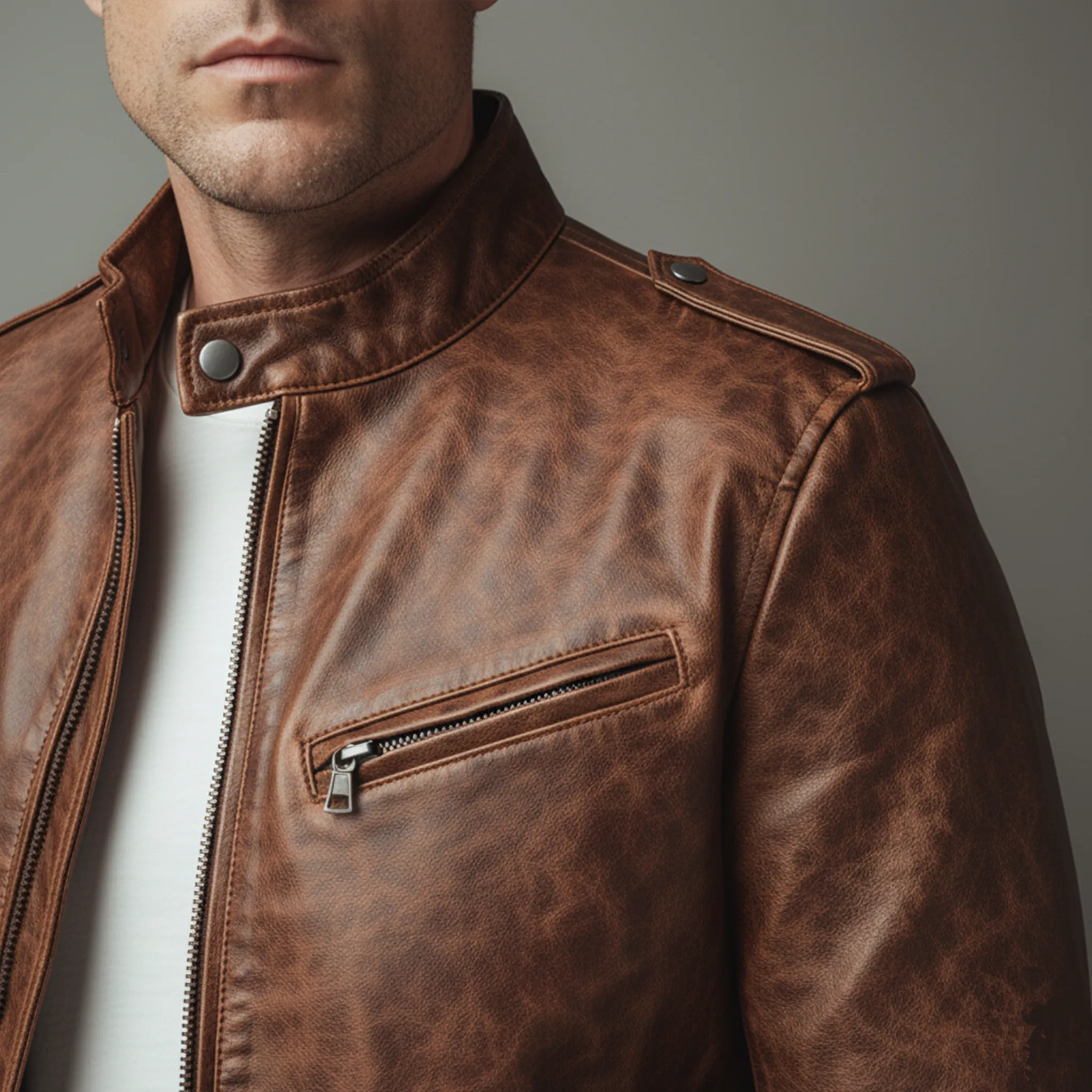 Men's Classic Vintage Distressed PU Leather Stand Collar Zipper Jacket MTA2289J0K sold by Manly product image thumbnail 5