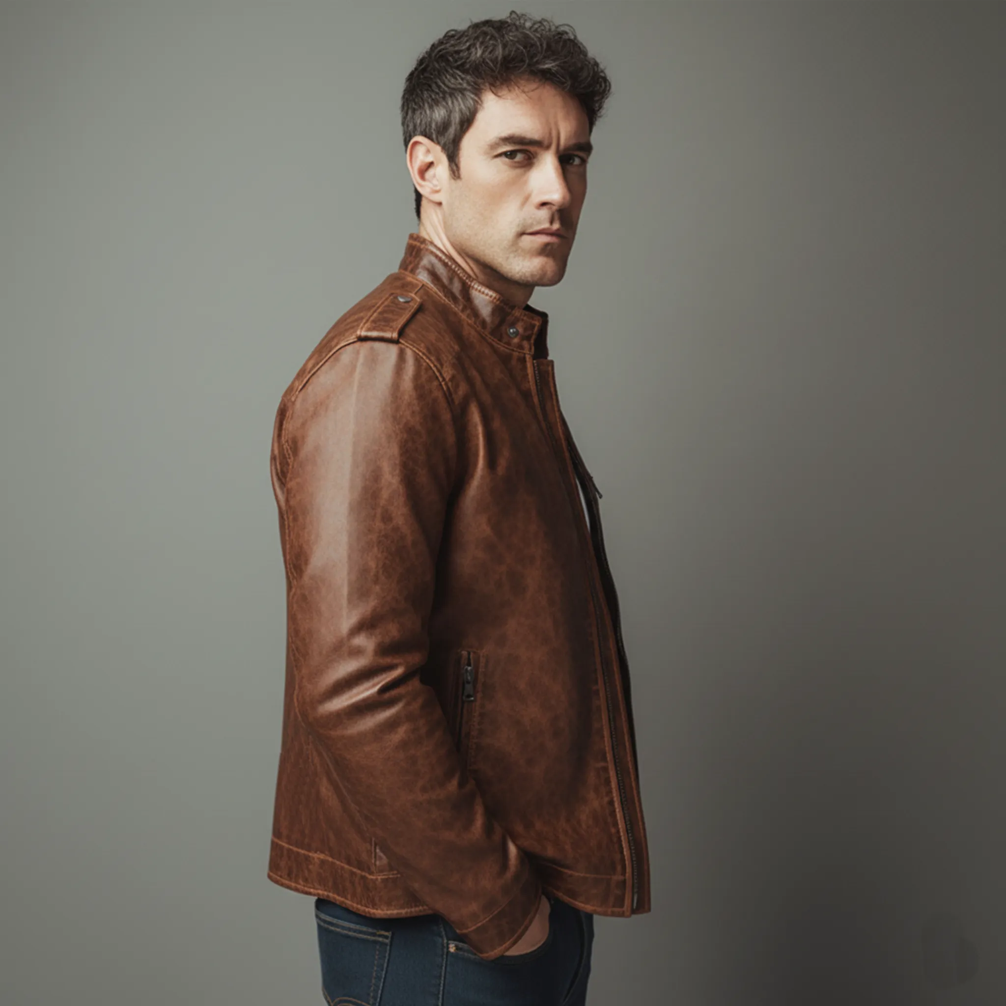 Men's Classic Vintage Distressed PU Leather Stand Collar Zipper Jacket MTA2289J0K sold by Manly product image thumbnail 3