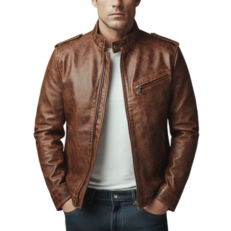 Men's Classic Vintage Distressed PU Leather Stand Collar Zipper Jacket MTA2289J0K sold by Manly