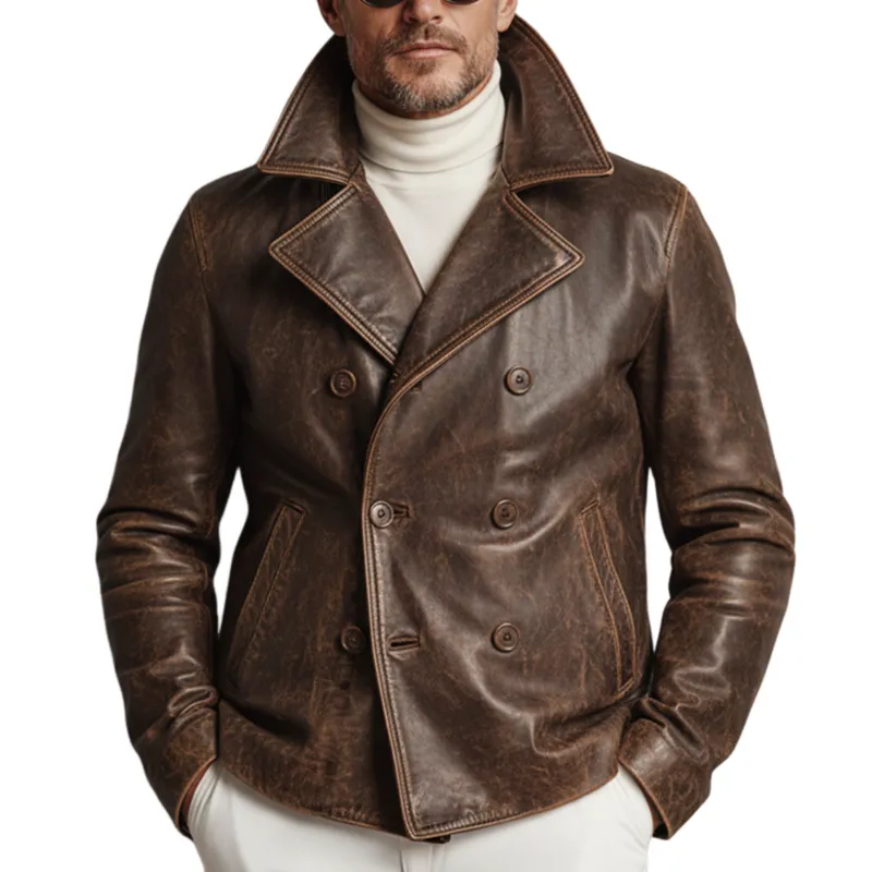 Men's Classic Vintage Distressed Lapel PU Leather Double-breasted Jacket MTA2205J0K sold by Manly