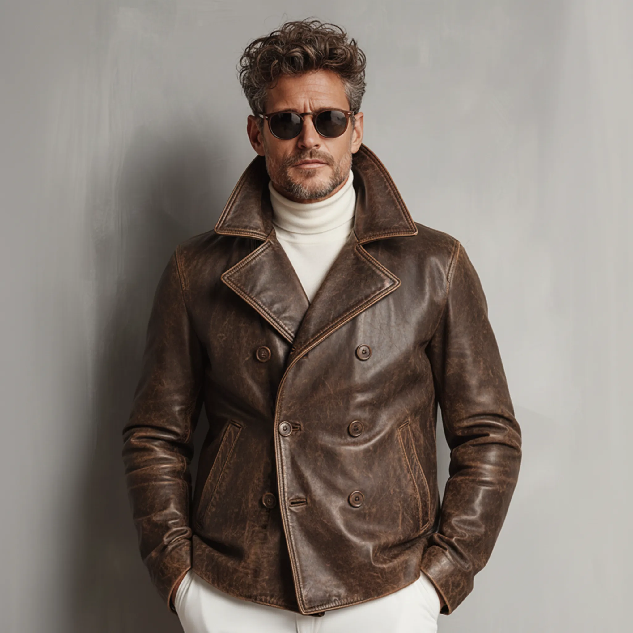 Men's Classic Vintage Distressed Lapel PU Leather Double-breasted Jacket MTA2205J0K sold by Manly product image thumbnail 2