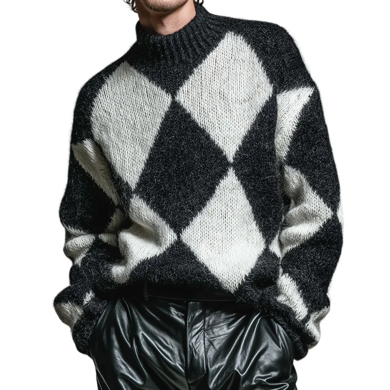 Men's Retro Casual Diamond Knitted Half Turtleneck Pullover Sweater MTA2110J4TO sold by Manly