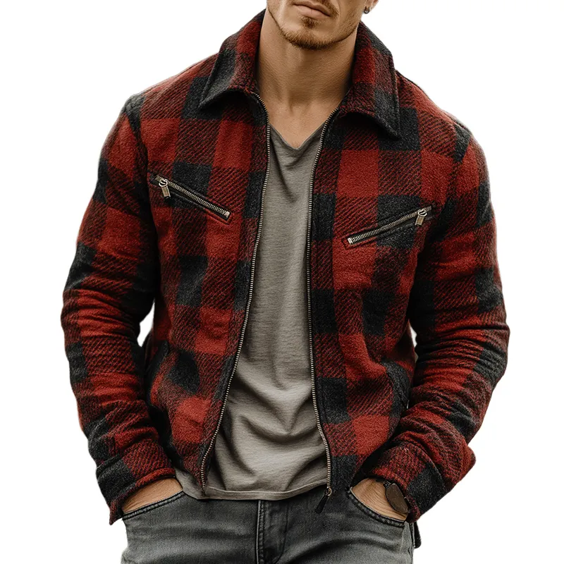 Men's Retro Casual Plaid Lapel Zipper Jacket MTA2192J4TO sold by Manly