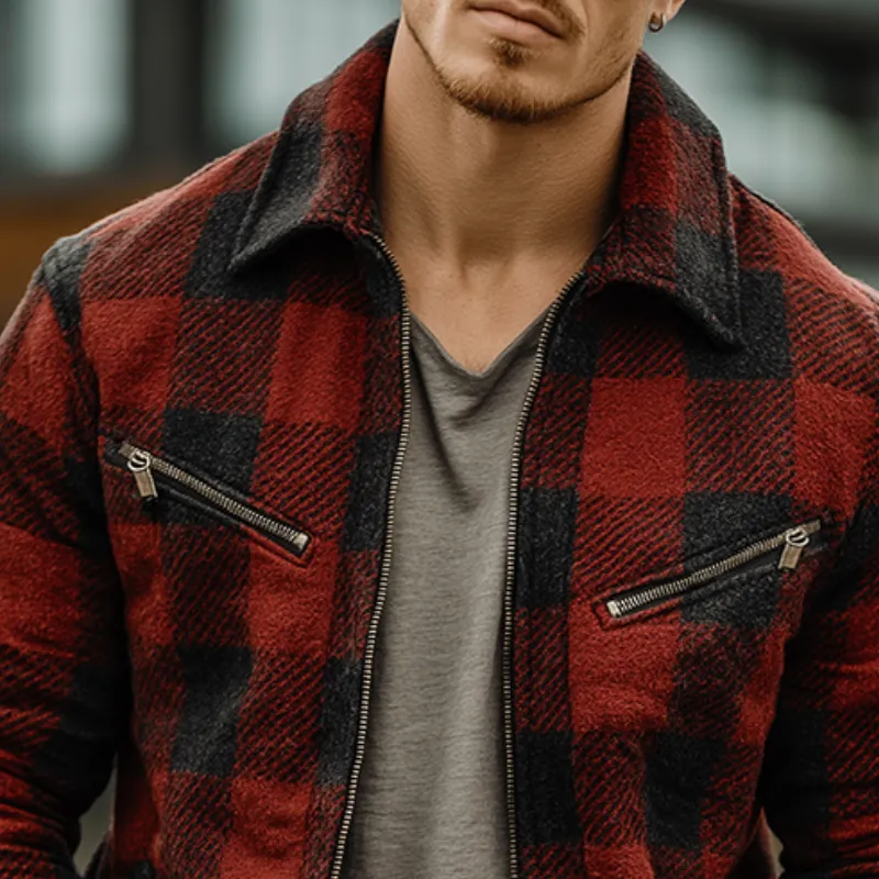 Men's Retro Casual Plaid Lapel Zipper Jacket MTA2192J4TO sold by Manly product image thumbnail 3