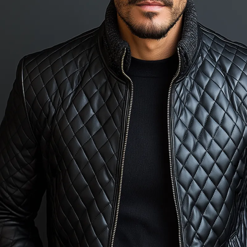 Men's Vintage Casual Faux Leather Quilted Knit Zipper Stand Collar Jacket MTA1140J3TO sold by Manly product image thumbnail 3
