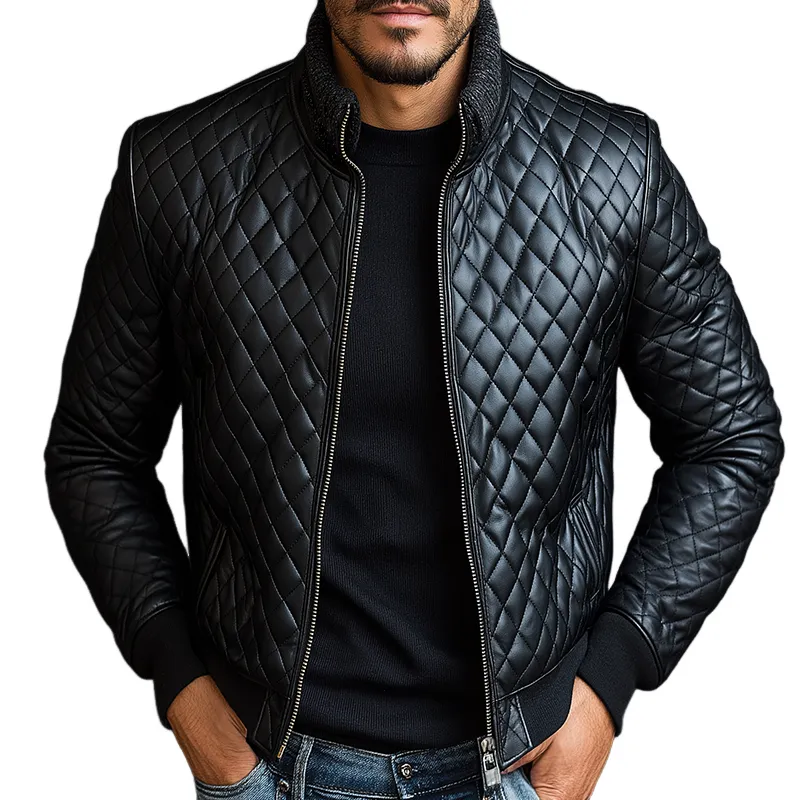 Men's Vintage Casual Faux Leather Quilted Knit Zipper Stand Collar Jacket MTA1140J3TO sold by Manly
