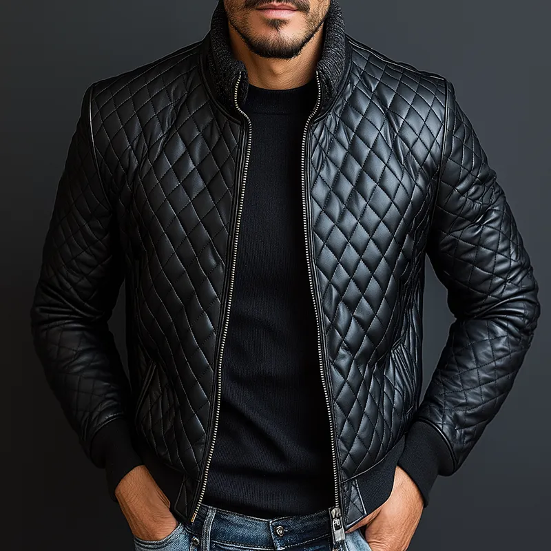 Men's Vintage Casual Faux Leather Quilted Knit Zipper Stand Collar Jacket MTA1140J3TO sold by Manly product image thumbnail 2
