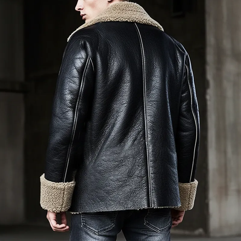 Men's Textured PU Leather And Faux Shearling Double-breasted Short Coat MTA2226I6U sold by Manly product image thumbnail 3