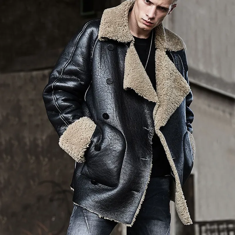 Men's Textured PU Leather And Faux Shearling Double-breasted Short Coat MTA2226I6U sold by Manly product image thumbnail 2