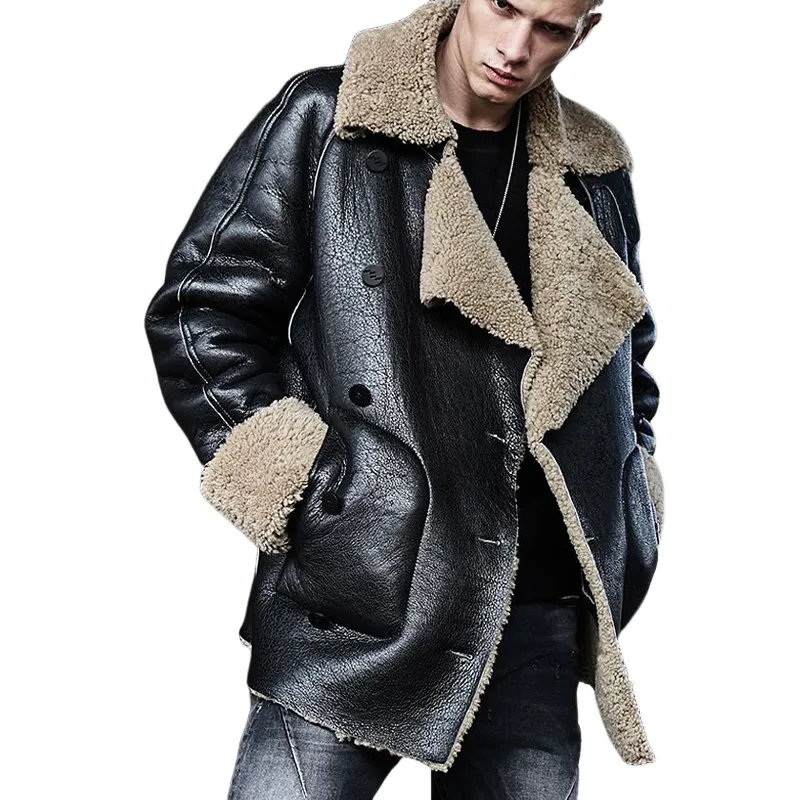 Men's Textured PU Leather And Faux Shearling Double-breasted Short Coat MTA2226I6U sold by Manly