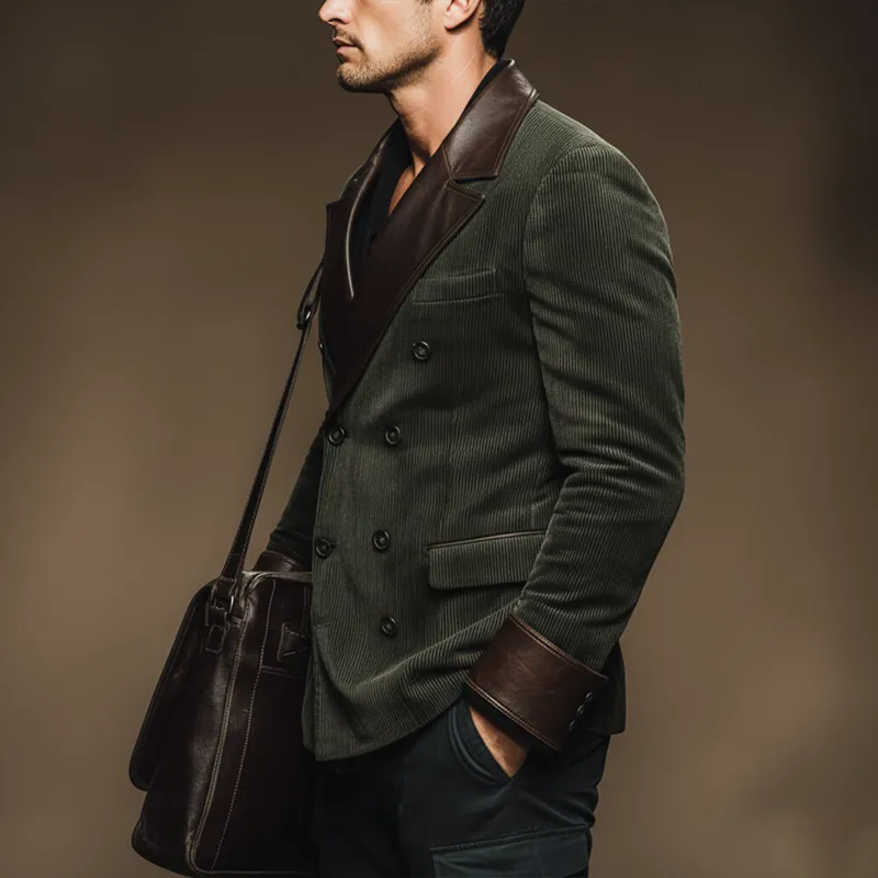 Men's Vintage Corduroy And PU Leather Double-breasted Double-slit Blazer MTA2253J9U sold by Manly product image thumbnail 4