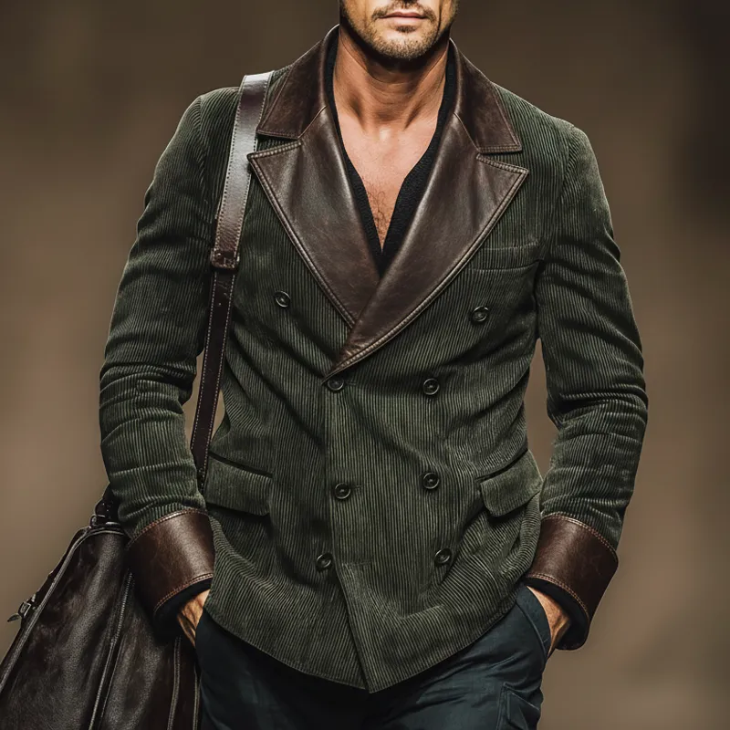 Men's Vintage Corduroy And PU Leather Double-breasted Double-slit Blazer MTA2253J9U sold by Manly product image thumbnail 2