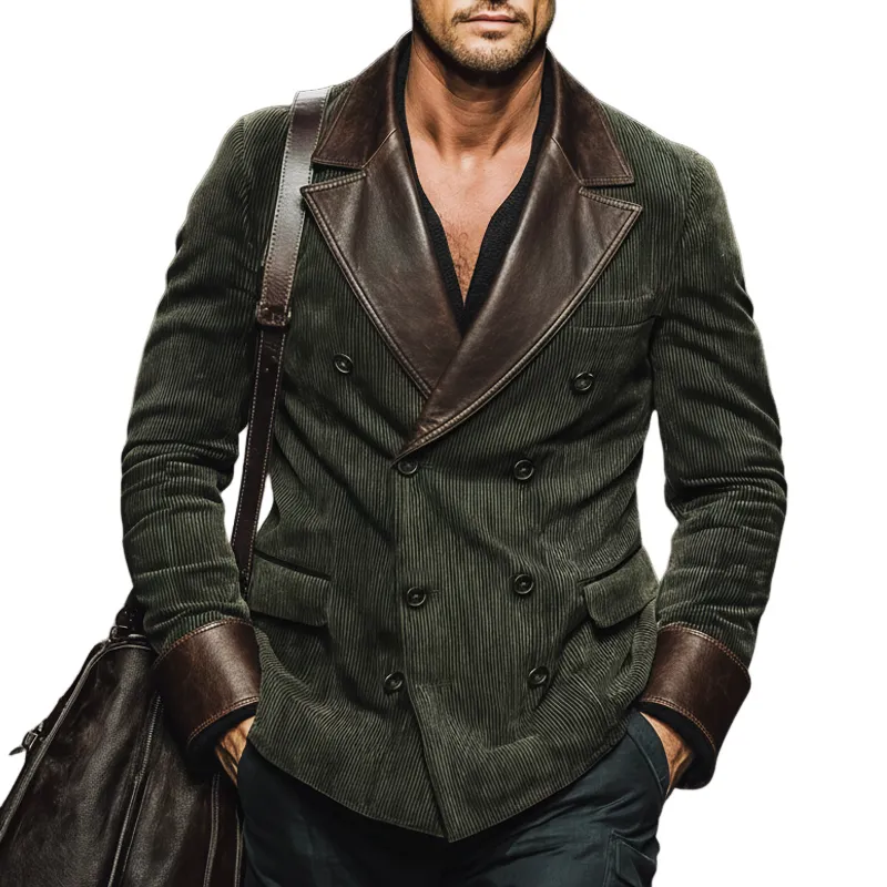Men's Vintage Corduroy And PU Leather Double-breasted Double-slit Blazer MTA2253J9U sold by Manly
