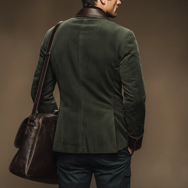 Men's Vintage Corduroy And PU Leather Double-breasted Double-slit Blazer MTA2253J9U sold by Manly product image thumbnail 3