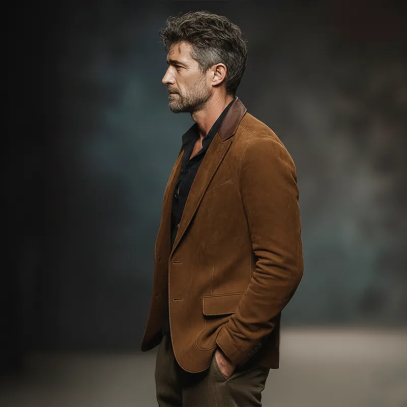 Men's Business Suede And PU Leather Two-button Double-slit Blazer MTA2214J9U sold by Manly product image thumbnail 3