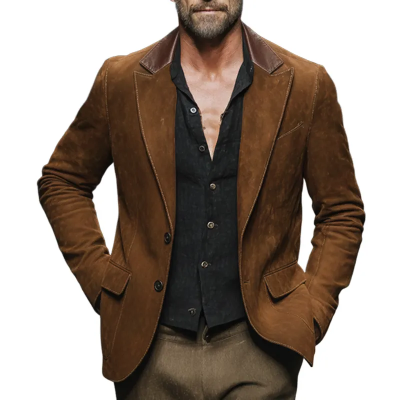 Men's Business Suede And PU Leather Two-button Double-slit Blazer MTA2214J9U sold by Manly