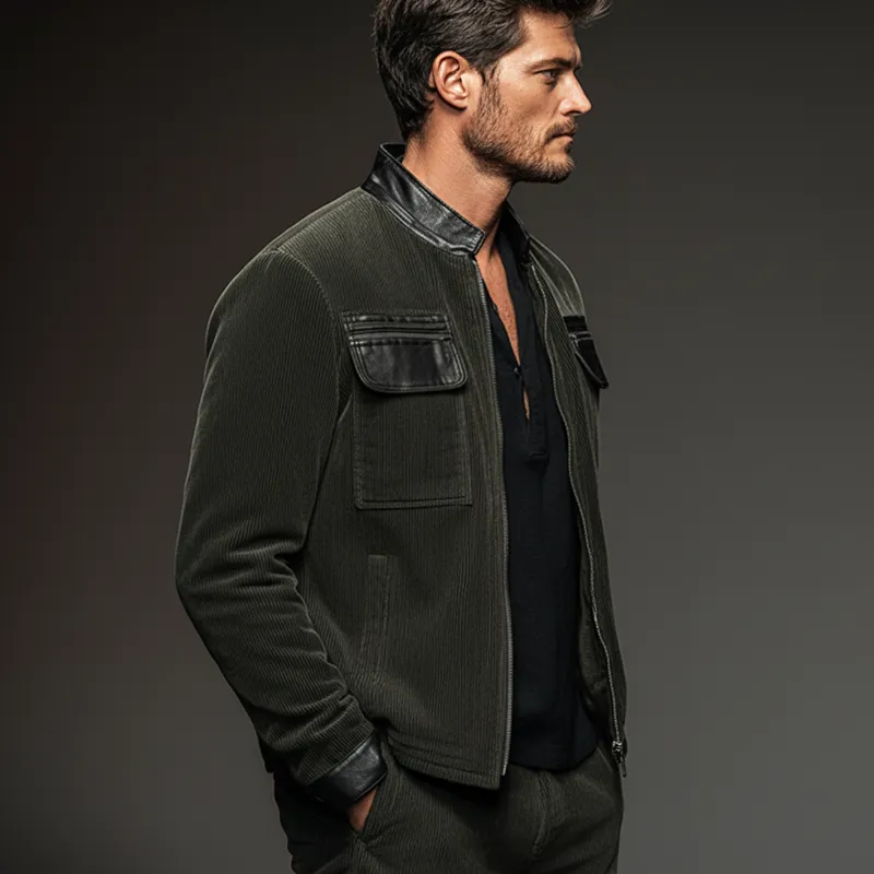 Men's Vintage Corduroy And PU Leather Patchwork Zipper Jacket MTA2268J8U sold by Manly product image thumbnail 3