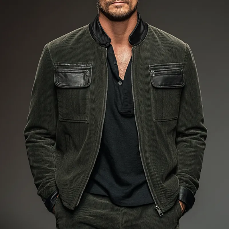 Men's Vintage Corduroy And PU Leather Patchwork Zipper Jacket MTA2268J8U sold by Manly product image thumbnail 2