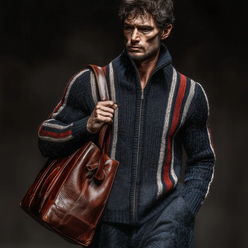 Men's Classic Colorblock Striped Stand Collar Zippered Knit Cardigan MTA2224J8U sold by Manly product image thumbnail 2