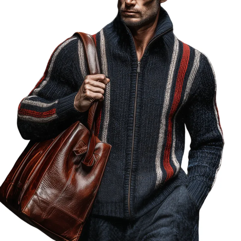 Men's Classic Colorblock Striped Stand Collar Zippered Knit Cardigan MTA2224J8U sold by Manly