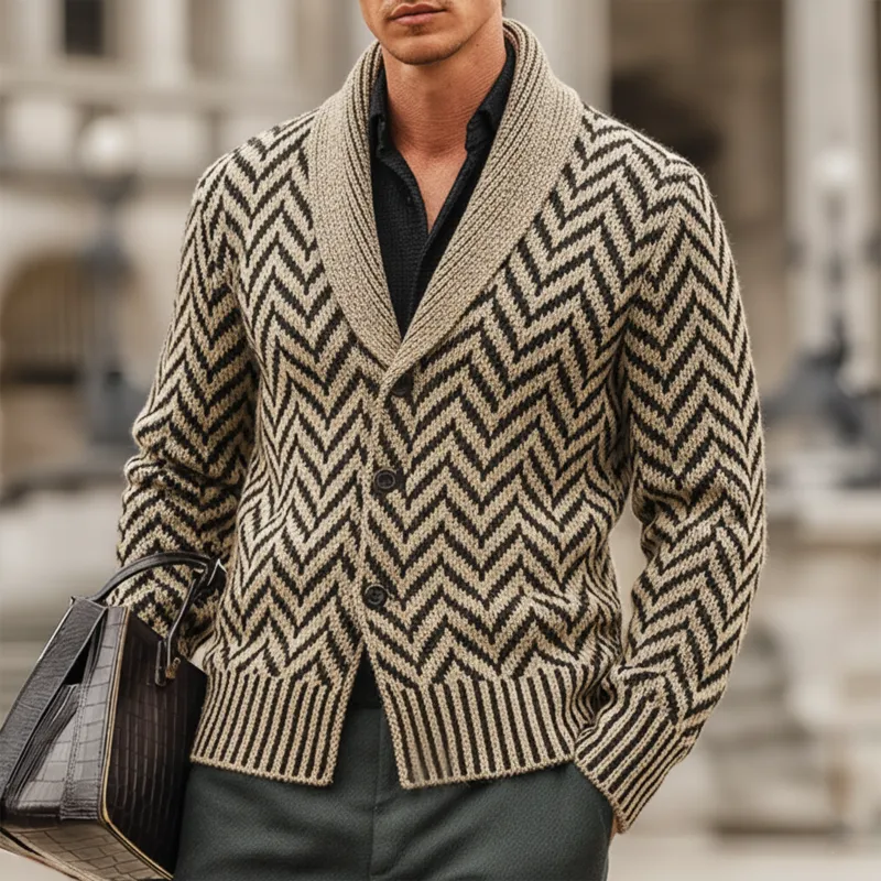 Men's Classic Light Khaki Zigzag Jacquard Lapel Knit Cardigan MTA2111J4U sold by Manly product image thumbnail 2