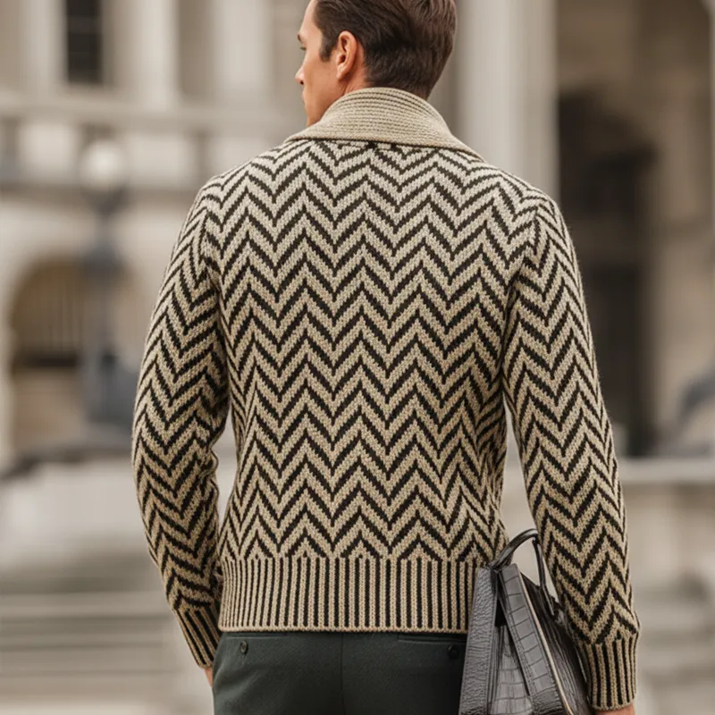 Men's Classic Light Khaki Zigzag Jacquard Lapel Knit Cardigan MTA2111J4U sold by Manly product image thumbnail 4