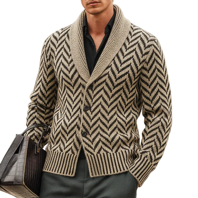 Men's Classic Light Khaki Zigzag Jacquard Lapel Knit Cardigan MTA2111J4U sold by Manly