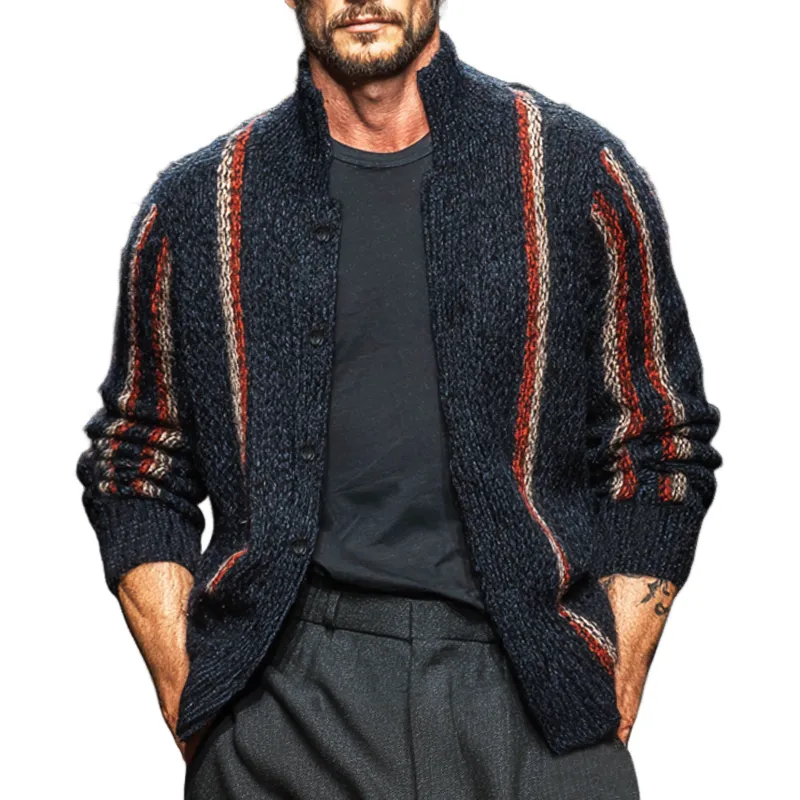 Men's Classic Navy Blue Colorblock Line Stand Collar Knitted Button Cardigan MTA2237J8U sold by Manly